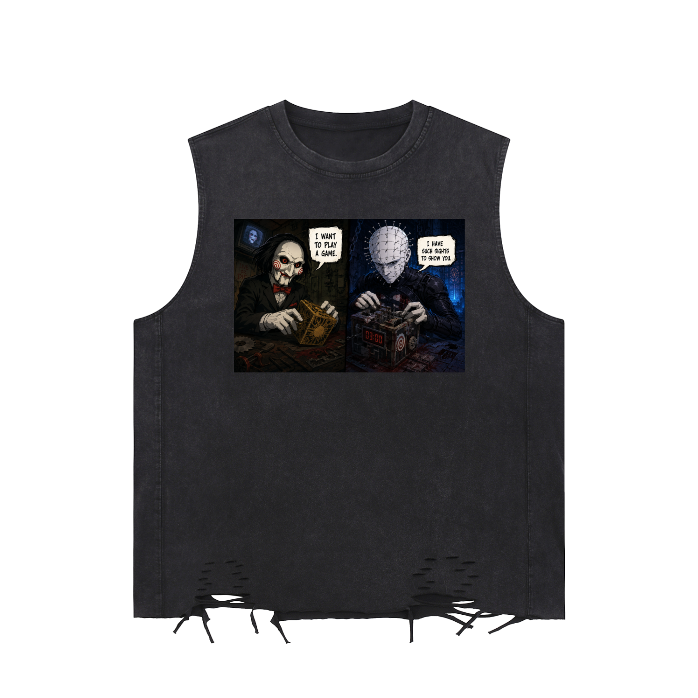 Snow Washed Raw-Hem Tank Top Horror puzzle time